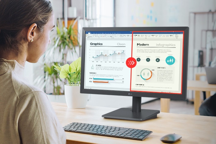 The image shows a person using an LG monitor in Reader Mode, which adjusts color temperature and brightness to create a more comfortable reading experience.