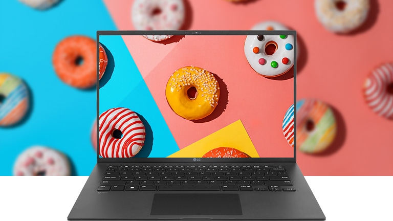 It shows the DCI-P3 99% (Typ.) wide color gamut with vivid and colorful donuts on the screen.