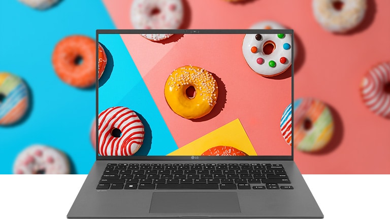 It shows the DCI-P3 99% (Typ.) wide color gamut with vivid and colorful donuts on the screen.