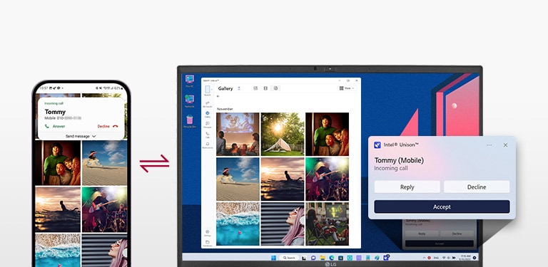 It shows that the mobile device and gram are connected to transfer files easily, send test messages, and make a phone call with gram.