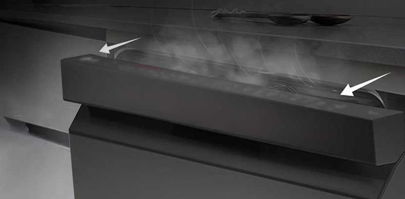 Kitchen interior with partially open free-standing dishwasher and LG ThinQ™ app showing cycle complete notification.