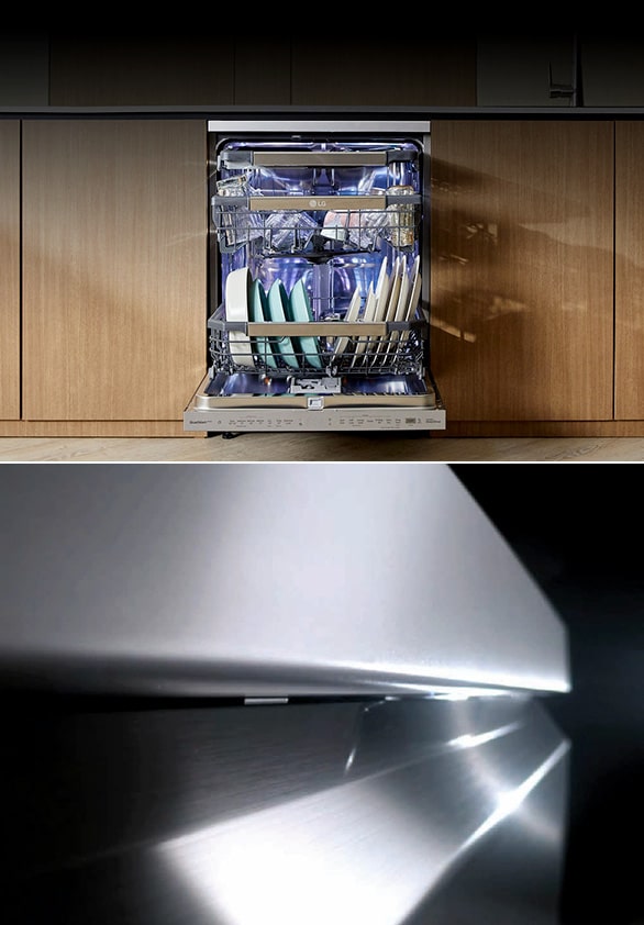 A kitchen with the LG free-standing dishwasher, oven, hood, and induction hob installed.