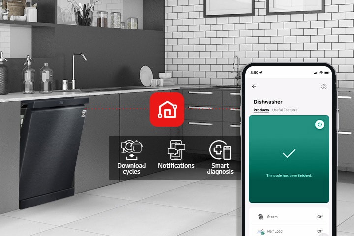 A smartphone displays LG ThinQ™ in a kitchen along with 3 app features: Download Cycles, Notifications, and Smart Diagnosis.