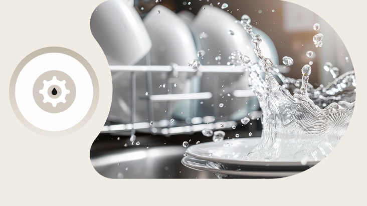 Gear and water drop icon beside a dishwasher interior with water splashing on a plate, representing LG's water purification technology