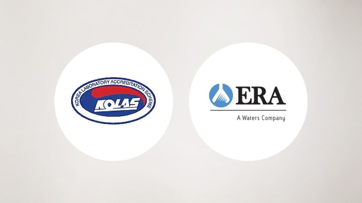 Two certification badges — KOLAS and ERA, A Waters Company — displayed on a light gray background	