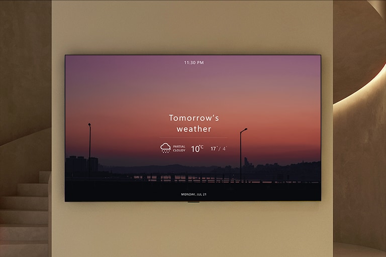 A TV screen shows a Tomorrow’s weather.