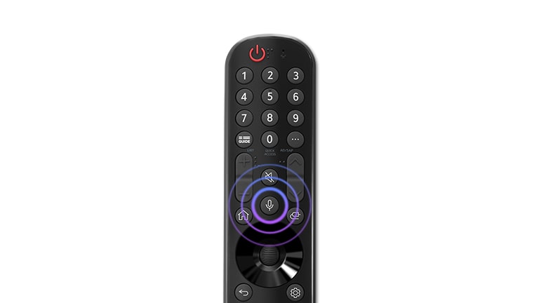 The voice button on the TV remote once shines and moves to the bottom right. On the back screen of the remote control, a video of a man and a woman walking down the stairs together is played, and a short press of the remote control's voice button shows several contents at the bottom of the video.