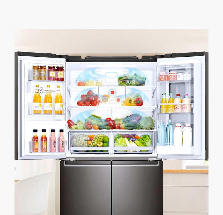 A front view of a refrigerator with two doors wide open showing a variety of foods and drinks cooling