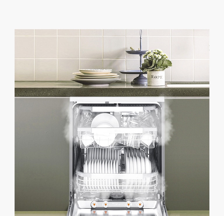 A front view of a dishwasher with its door open and steam coming out