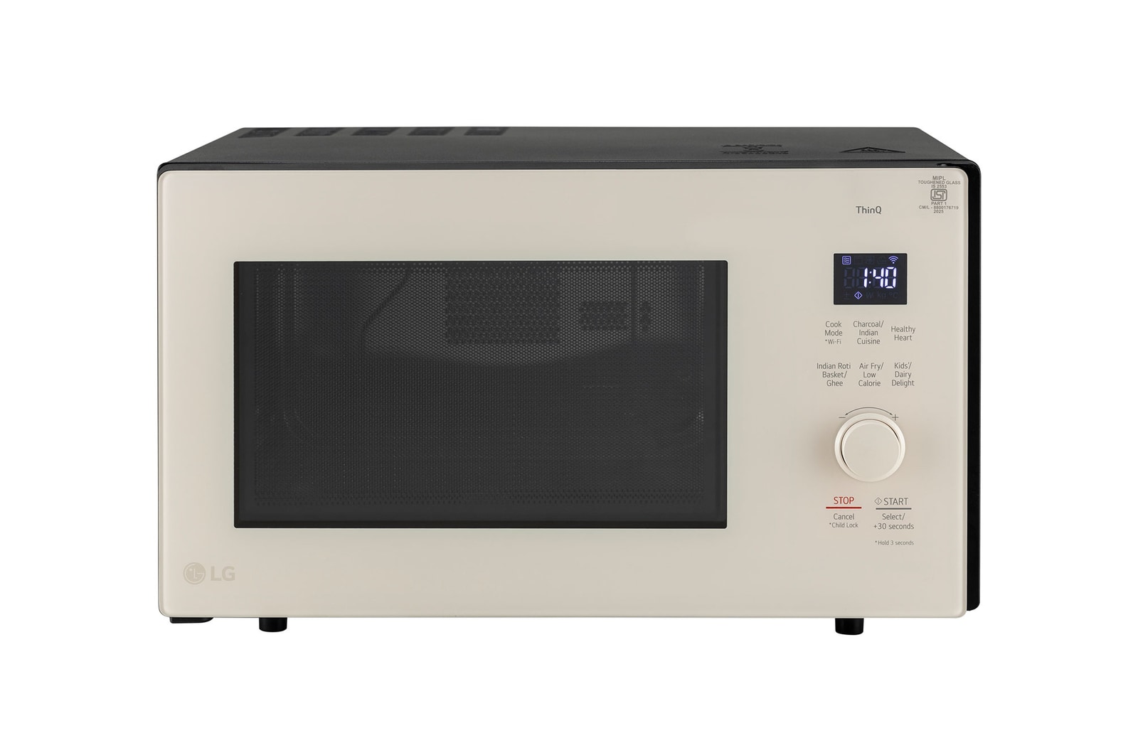 Front view of LG 28 L Convertible Microwave Oven with Air Fry, Charcoal Lighting Heater™, 331 Auto Cook Menu Powered by Thinq, Beige MJEN286UBWF