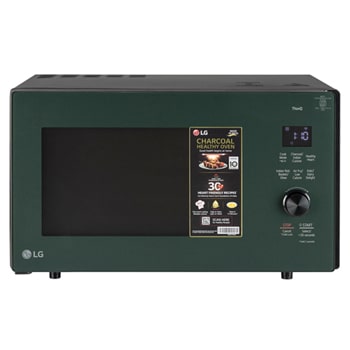Front view of LG 28 L Convention Microwave Oven with Air Fry, Charcoal Lighting Heater™, 331 Auto Cook Menu Powered by ThinQ, Black with Objet Green Front Glass MJEN286UJWF