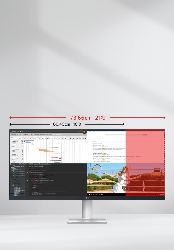 Ultra-wide 29-inch LG monitor illustrating the difference between 21:9 and 16:9 aspect ratios, with multiple applications displayed side by side for multitasking.