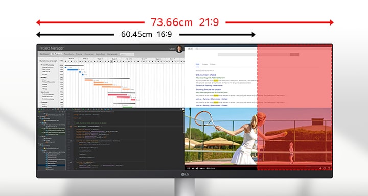 Ultra-wide 29-inch LG monitor illustrating the difference between 21:9 and 16:9 aspect ratios, with multiple applications displayed side by side for multitasking.