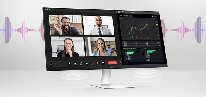 LG ultra-wide monitor displaying a video conference with six participants and a financial dashboard, with sound waves and speaker icons indicating built-in audio capabilities.