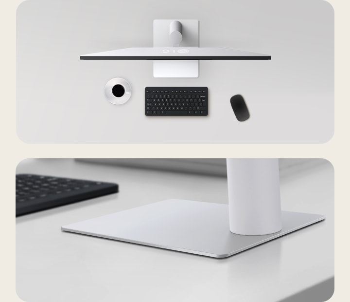 Top and angled views of an monitor setup on a clean desk, featuring a coffee cup, wireless keyboard, mouse, and a sleek, low-profile stand that ensures stability and saves space.