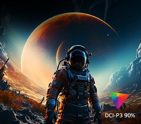 The screen contains various colors representing UHD 4K, and in the bottom right corner, there is a logo indicating DCI-P3 90%.