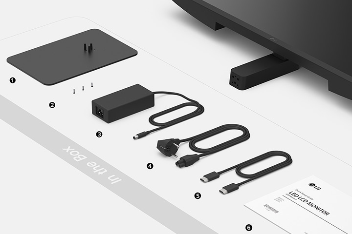 Stand base, Screws, Power adapter, Power code, HDMI cable and Setup guide in the box.