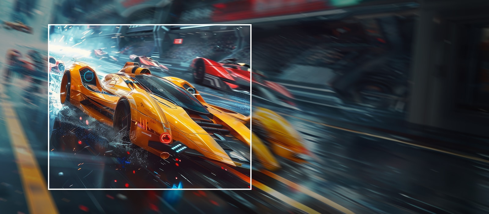 A yellow racing car is shown speeding forward on the screen, with the inside of the white square box being clearly expressed and the outside being blurred.