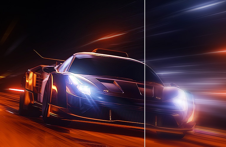 LG 49WQ95C-W The image describes the 144Hz refresh rate. Half of the image clearly shows the fast-paced car, while the other half shows the crushed one.