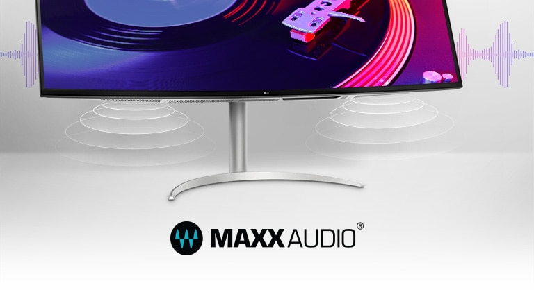 LG 49WQ95C-W It shows two 10W Stereo Speakers with MaxxAudio® on the bottom of the monitor.
