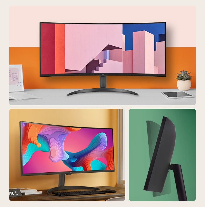 There is a monitor with a thin bezel, displaying the screen at a -5-degree angle, providing a side view showcasing the tilt and exhibiting a stylish front view.