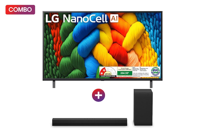Front view of LG 139cm (55) NANO 83A Smart TV with α7 AI Processor 4K Gen8, Filmmaker Mode with Dolby Atmos 2025 + LG Soundbar for TV, 2.1 Channel, 300W, WOW Interface, AI Sound Pro, Dolby Digital 55NANO83.S40T