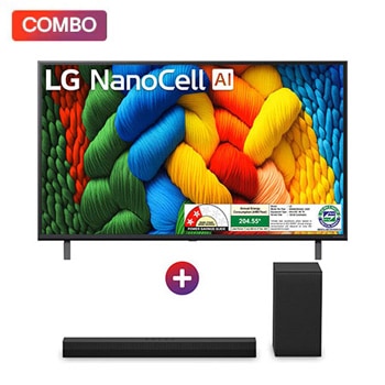 Front view of LG 139cm (55) NANO 83A Smart TV with α7 AI Processor 4K Gen8, Filmmaker Mode with Dolby Atmos 2025 + LG Soundbar for TV, 2.1 Channel, 300W, WOW Interface, AI Sound Pro, Dolby Digital 55NANO83.S40T