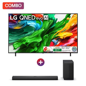 Front view of LG 139cm (55) 4K QNED 8GA MiniLED Smart TV with α8 AI Processor 4K Gen2, FILMMAKER MODE ™, AI Picture Pro with Dolby Vision & Atmos 2025 + LG Soundbar for QNED TV with Dolby Atmos, 3.1.1 Channel, Center Up-firing Speaker 55QNED8GA.S70TY