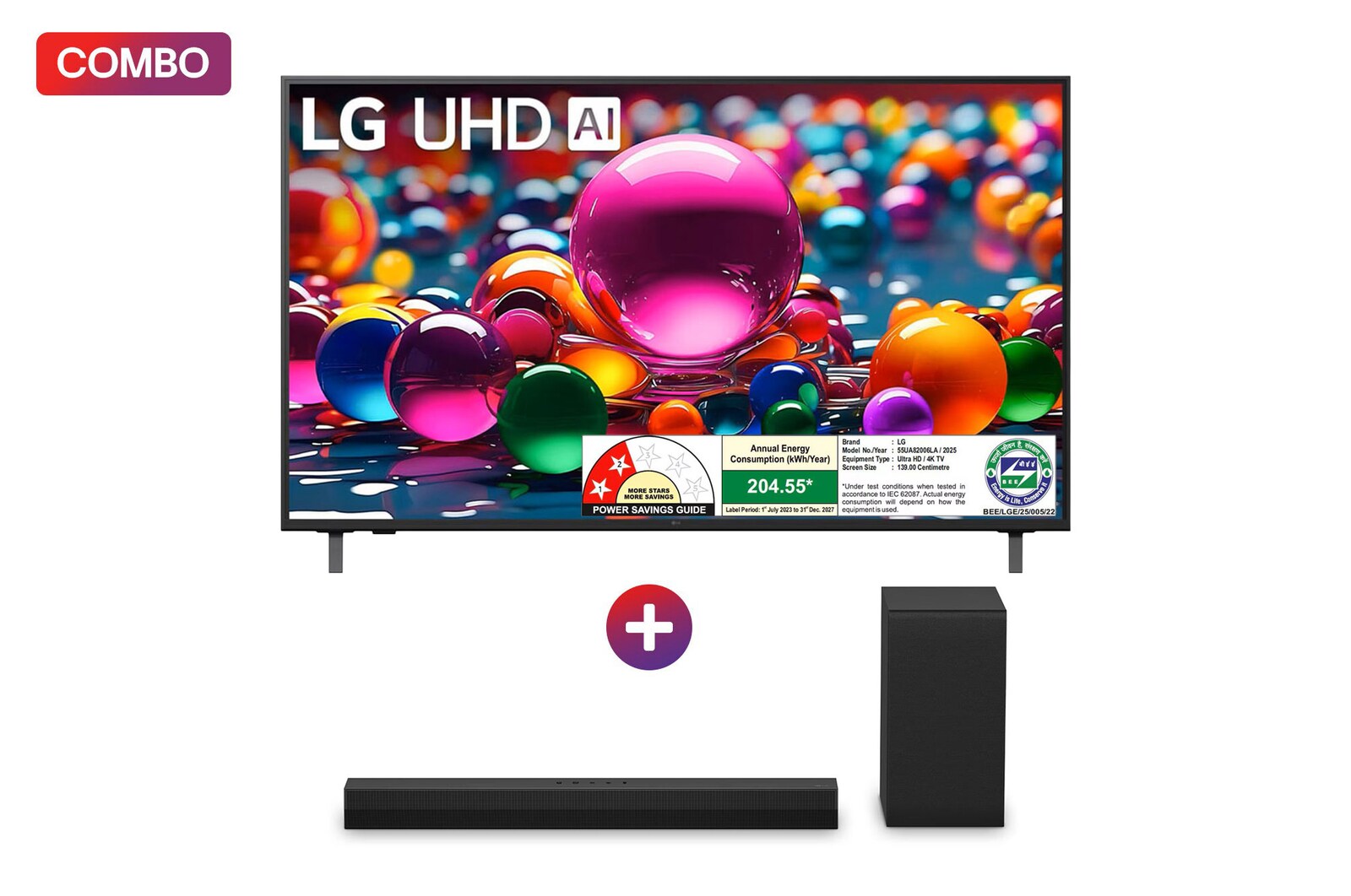 Front view of LG 139 cm (55) 4K UHD AI UA8200 Smart TV with α7 AI Processor Gen8, Filmmaker Mode with Dolby Atmos, 2025 + LG Soundbar for TV, 2.1 Channel, 300W, WOW Interface, AI Sound Pro, Dolby Digital 55UA8200.S40T