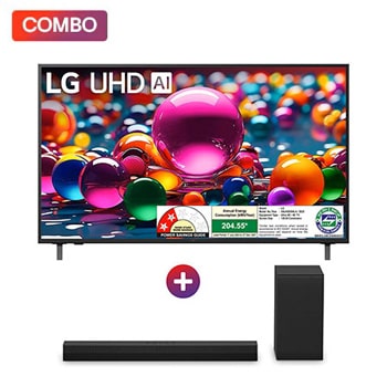 Front view of LG 139 cm (55) 4K UHD AI UA8200 Smart TV with α7 AI Processor Gen8, Filmmaker Mode with Dolby Atmos, 2025 + LG Soundbar for TV, 2.1 Channel, 300W, WOW Interface, AI Sound Pro, Dolby Digital 55UA8200.S40T