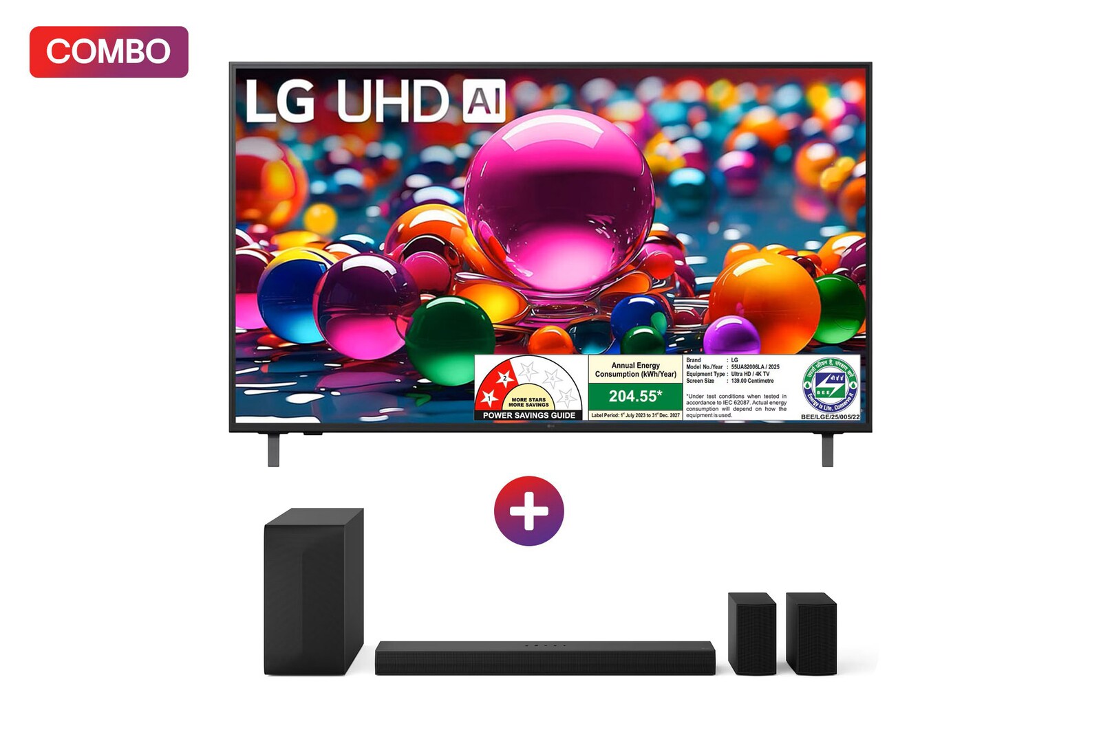 Front view of LG 139 cm (55) 4K UHD AI UA8200 Smart TV with α7 AI Processor Gen8, Filmmaker Mode with Dolby Atmos, 2025 + LG Home Theater Soundbar 600W, 5.1Ch, AI Sound Pro and Wireless Rear Sound, Dolby Digital 55UA8200.S65TR