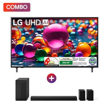 Front view of LG 139 cm (55) 4K UHD AI UA8200 Smart TV with α7 AI Processor Gen8, Filmmaker Mode with Dolby Atmos, 2025 + LG Home Theater Soundbar 600W, 5.1Ch, AI Sound Pro and Wireless Rear Sound, Dolby Digital 55UA8200.S65TR