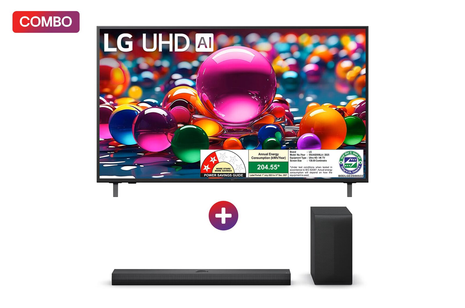 Front view of LG 139 cm (55) 4K UHD AI UA8200 Smart TV with α7 AI Processor Gen8, Filmmaker Mode with Dolby Atmos, 2025 + LG Soundbar for QNED TV with Dolby Atmos, 3.1.1 Channel, Center Up-firing Speaker 55UA8200.S70TY