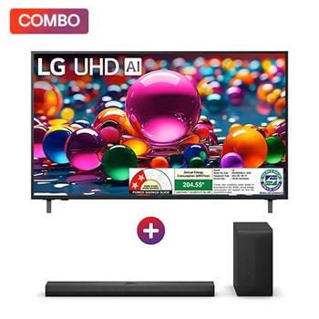 Front view of LG 139 cm (55) 4K UHD AI UA8200 Smart TV with α7 AI Processor Gen8, Filmmaker Mode with Dolby Atmos, 2025 + LG Soundbar for QNED TV with Dolby Atmos, 3.1.1 Channel, Center Up-firing Speaker 55UA8200.S70TY