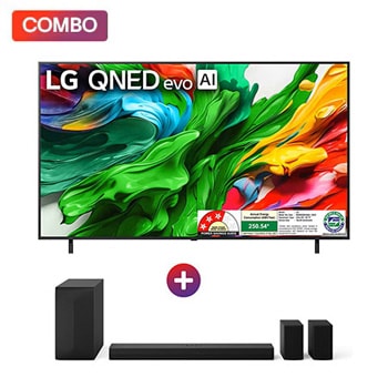 Front view of LG 164cm (65) 4K QNED 8GA MiniLED Smart TV with α8 AI Processor 4K Gen2, FILMMAKER MODE ™, AI Picture Pro with Dolby Vision & Atmos 2025 + LG Home Theater Soundbar 600W, 5.1Ch, AI Sound Pro and Wireless Rear Sound, Dolby Digital 65QNED8GA.S65TR