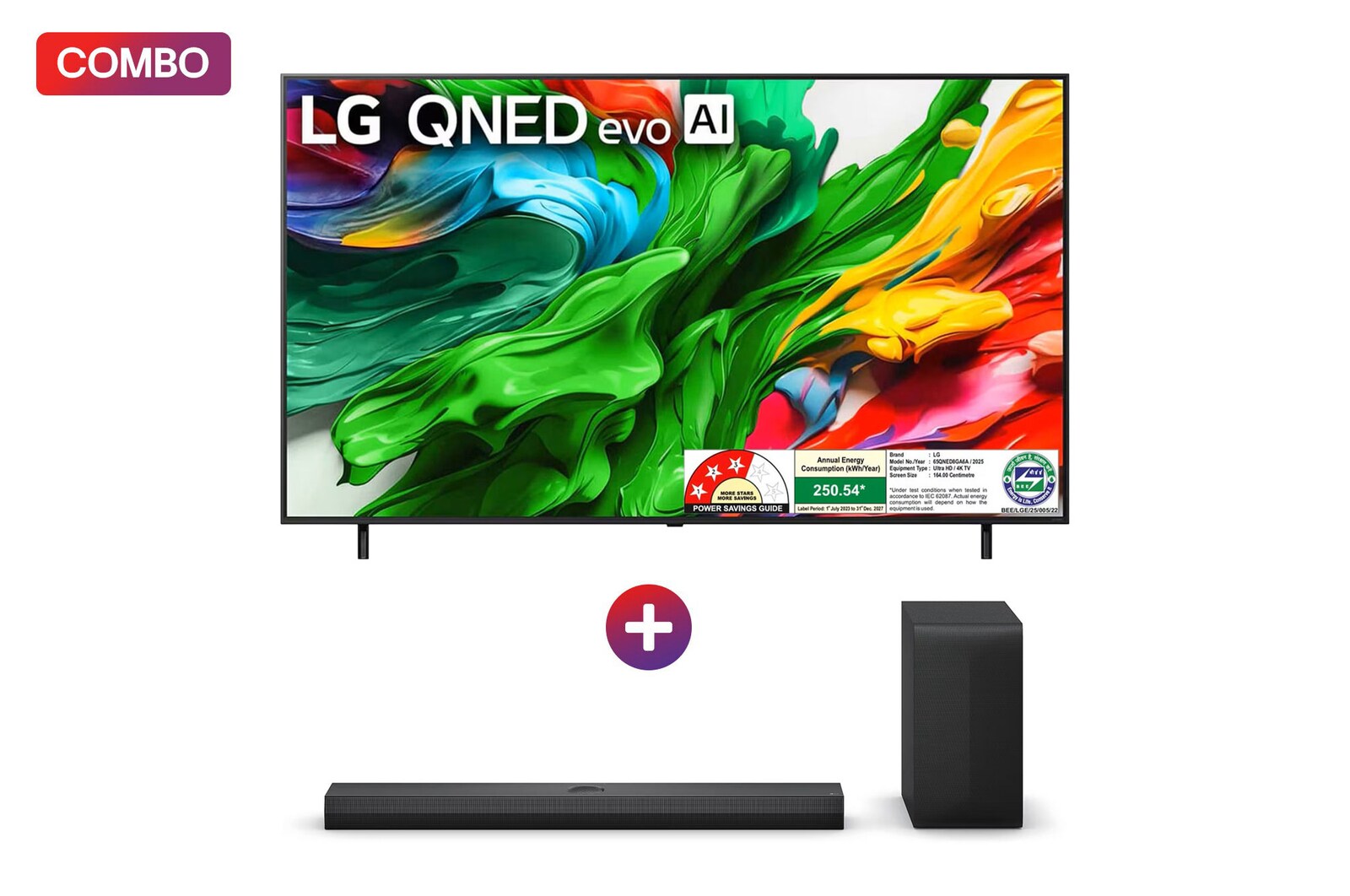 Front view of LG 164cm (65) 4K QNED 8GA MiniLED Smart TV with α8 AI Processor 4K Gen2, FILMMAKER MODE ™, AI Picture Pro with Dolby Vision & Atmos 2025 + LG Soundbar for QNED TV with Dolby Atmos, 3.1.1 Channel, Center Up-firing Speaker 65QNED8GA.S70TY