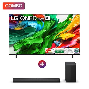 Front view of LG 164cm (65) 4K QNED 8GA MiniLED Smart TV with α8 AI Processor 4K Gen2, FILMMAKER MODE ™, AI Picture Pro with Dolby Vision & Atmos 2025 + LG Soundbar for QNED TV with Dolby Atmos, 3.1.1 Channel, Center Up-firing Speaker 65QNED8GA.S70TY