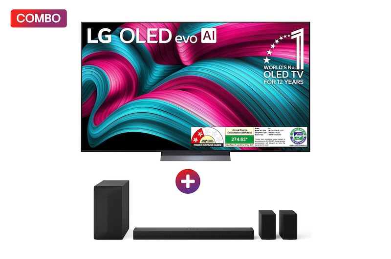 Front view of LG OLED evo 164cm (65) TV (C5), α9 AI Processor 4K Gen8, VRR 144Hz Refresh Rate, Dolby Vision & Atmos 2025 + LG Home Theater Soundbar 600W, 5.1Ch, AI Sound Pro and Wireless Rear Sound, Dolby Digital OLED65C5.S65TR