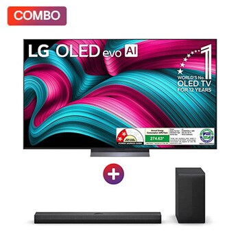 Front view of LG OLED evo 164cm (65) TV (C5), α9 AI Processor 4K Gen8, VRR 144Hz Refresh Rate, Dolby Vision & Atmos 2025 + LG Soundbar for QNED TV with Dolby Atmos, 3.1.1 Channel, Center Up-firing Speaker OLED65C5.S70TY