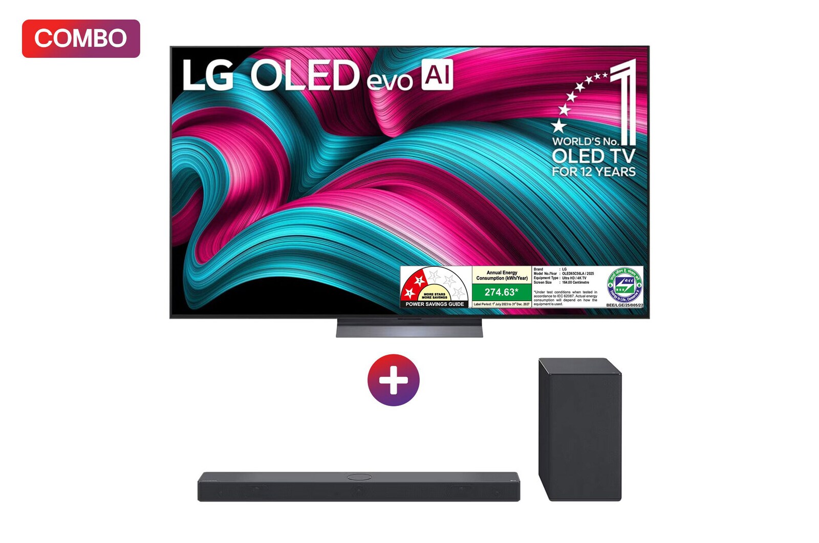 Front view of LG OLED evo 164cm (65) TV (C5), α9 AI Processor 4K Gen8, VRR 144Hz Refresh Rate, Dolby Vision & Atmos 2025 + LG Soundbar for OLED C Series with 3.1.3Ch, 400W, Dolby Atmos, DTS:X, AI Sound Pro OLED65C5.SC9S
