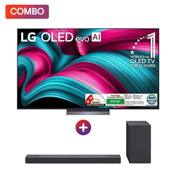 Front view of LG OLED evo 164cm (65) TV (C5), α9 AI Processor 4K Gen8, VRR 144Hz Refresh Rate, Dolby Vision & Atmos 2025 + LG Soundbar for OLED C Series with 3.1.3Ch, 400W, Dolby Atmos, DTS:X, AI Sound Pro OLED65C5.SC9S