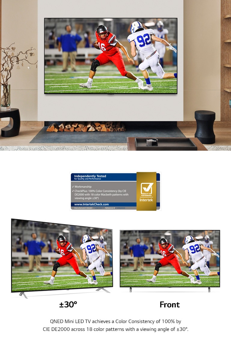 Wall mounted TV in a modern interior showing a football game with vibrant colors.Two LG QNED MiniLED TV ‘s side by side showing a football game from a front on and an off-center viewing angle. The picture remains consistently vivid and accurate from both angles.