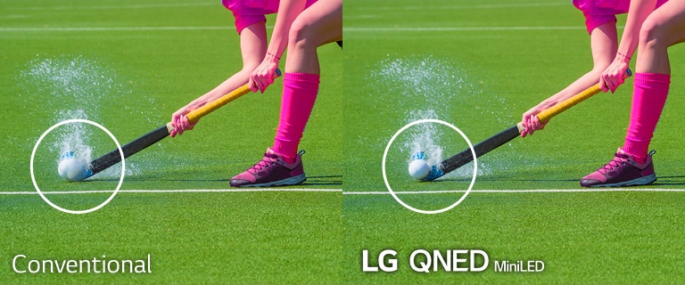 Two identical images of a hocky player hitting the ball on a waterlogged field. The left image shows how it would be seen on a conventional LCD TV and the right shows on LG QNED MiniLED.