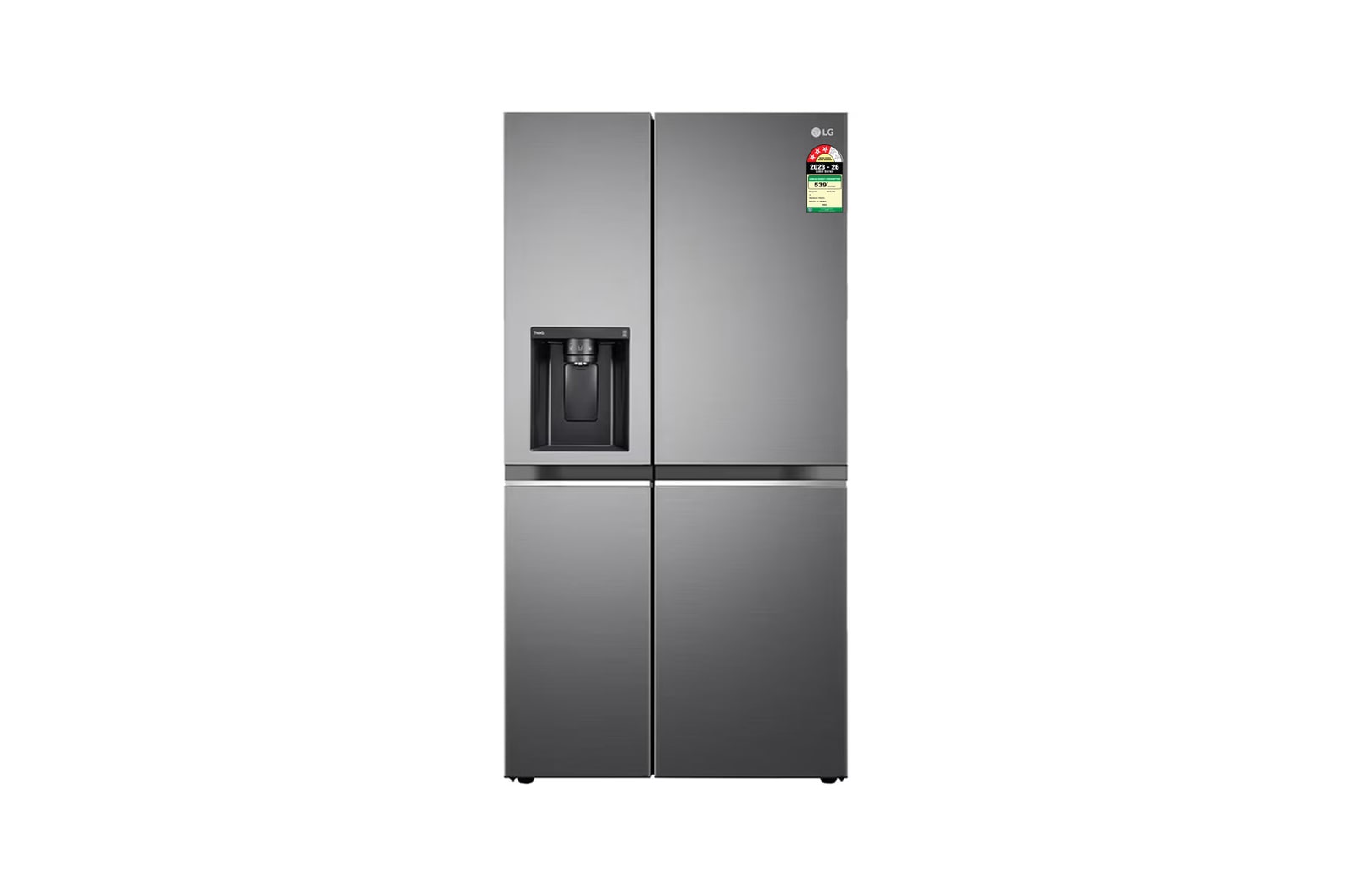 Front view of LG 630L, Side-by-Side Refrigerator, Wi-Fi Convertible, Water & Ice Dispenser, Shiny Steel Finish, 3 Star GL-L257CPZ3