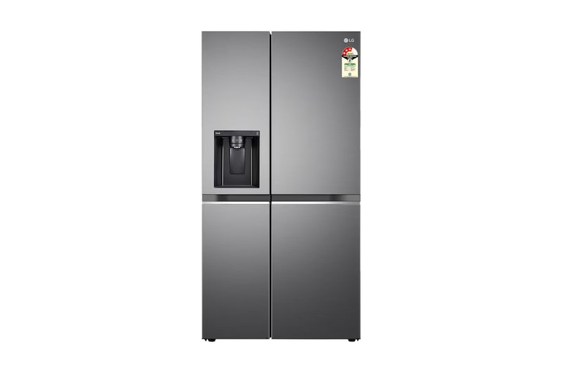 Front view of LG 630L, Side-by-Side Refrigerator, Wi-Fi Convertible, Water & Ice Dispenser, Shiny Steel Finish, 3 Star GL-L257CPZ3
