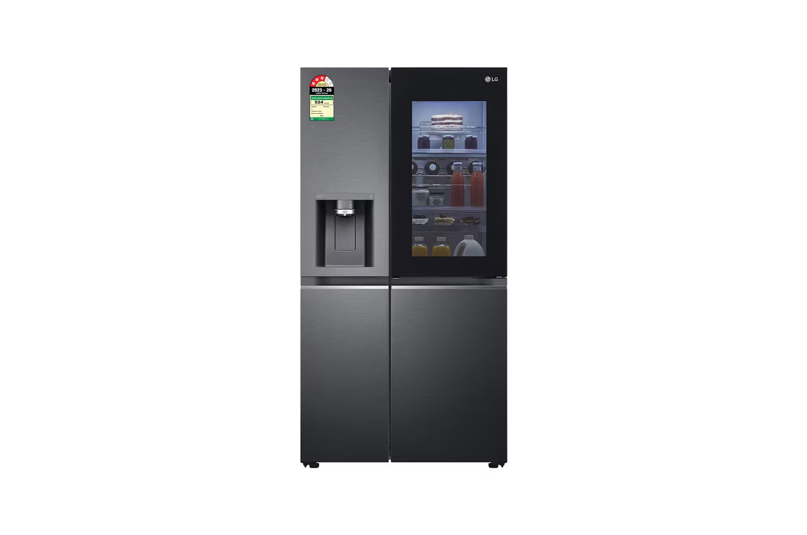 Front view of LG 630L Side-by-Side Refrigerator, InstaView Door-in-Door™, Wi-Fi Convertible, Matte Black Finish, 3 Star GL-X257AMC3