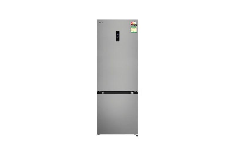 Front view of LG 340L Bottom Freezer Refrigerator, Door Cooling+™, Wi-Fi Convertible, E-Micom, Shiny Steel, 2 Star GLB3426BDPZ