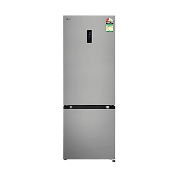 Front view of LG 340L Bottom Freezer Refrigerator, Door Cooling+™, Wi-Fi Convertible, E-Micom, Shiny Steel, 2 Star GLB3426BDPZ