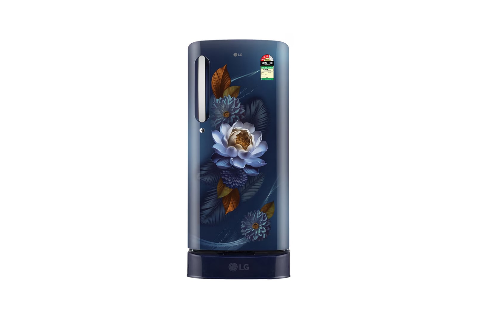 Front view of LG 185 L Single Door Refrigerator with Base Stand Drawer, Smart Inverter Compressor, Direct Cool, Blue Water Lily, 3 Star GLD1936ZABW