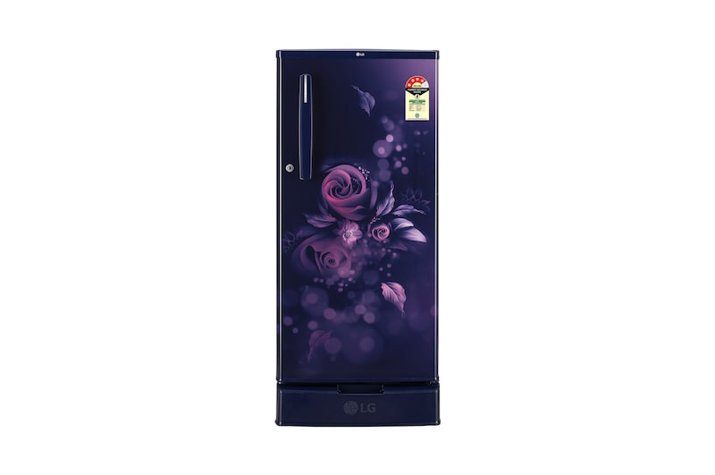 Front view of LG 185L Single Door Refrigerator, Base Stand drawer, Auto Smart Connect, Solar Connect, Blue Euphoria, 4 Star GLD1945ZOBE